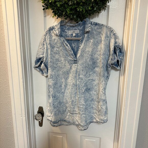 Thread Supply White Washed Denim Like Cap Sleeve Blouse-Size Medium - Picture 1 of 4